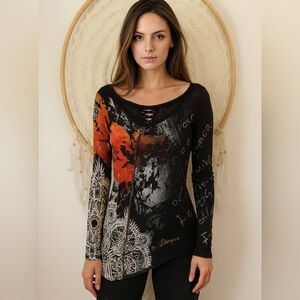 Desigual Women's Black and Orange Long Sleeve Top